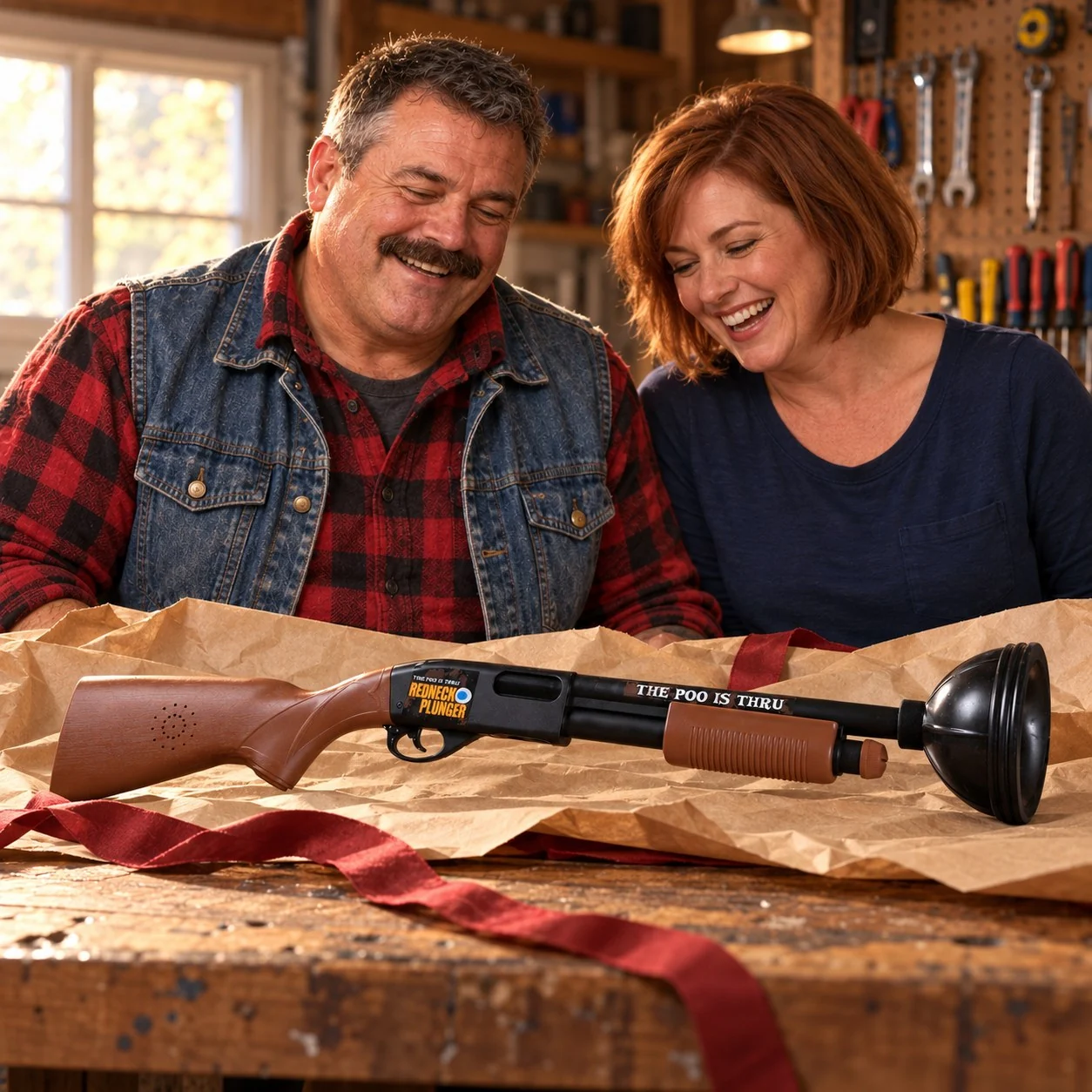 A laughing couple unwraps a Redneck Plunger at a workshop bench.
